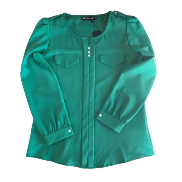 Allegra K Women's Blouse Long Pleated Sleeves Green Size M - Picture 1 of 13